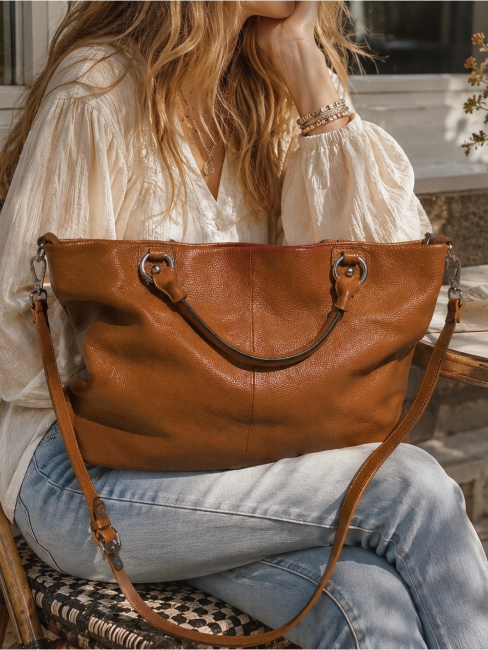 Kattee Genuine Leather Pebbled Tote Satchel Camel Brown Shoulder Crossbody Bag